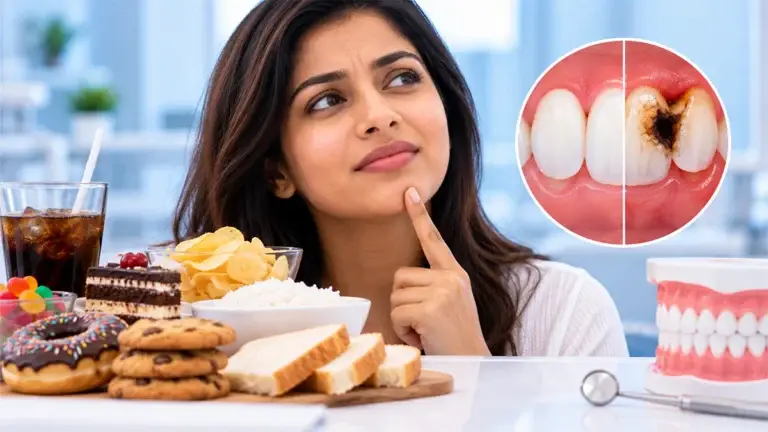 Woman learning about common tooth decay causes with dental models and sugary and starchy foods