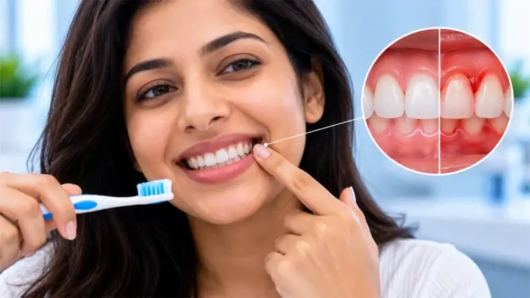 Woman showing her gumline while holding a toothbrush, with a visual comparison of healthy and inflamed gums.