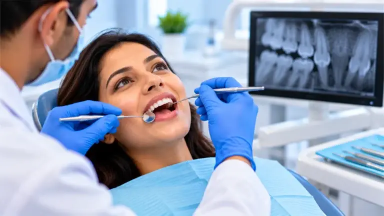 Dentist examining a patient during a routine dental check-up in a modern clinic