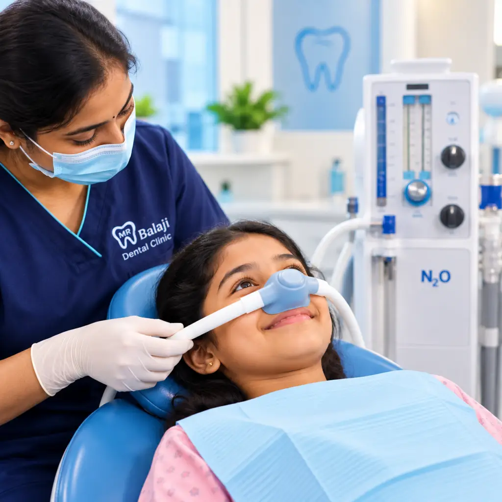 Indian child receiving gentle nitrous oxide sedation at M R Balaji Dental Clinic while a dental professional assists