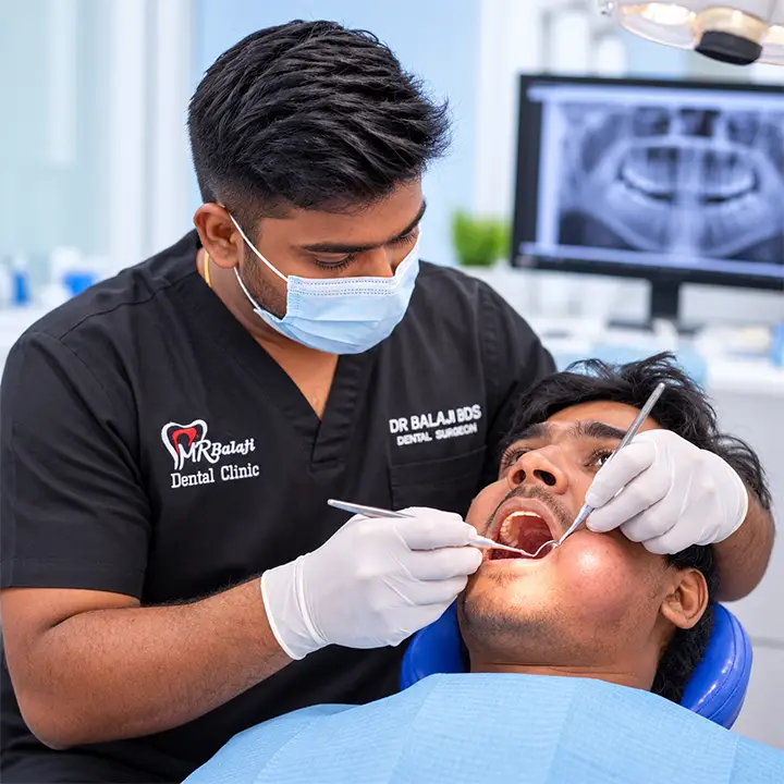 Dentist providing dental treatment to a patient with facial swelling caused by a dental abscess.