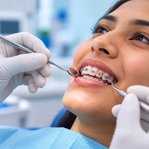 Close-up of dental braces being examined with orthodontic instruments