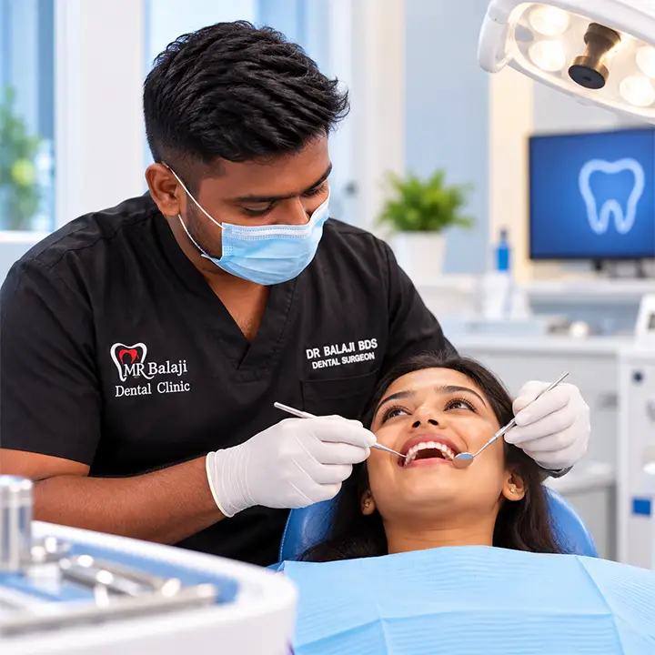 Dr. Balaji providing a professional dental check-up in a modern dental clinic.