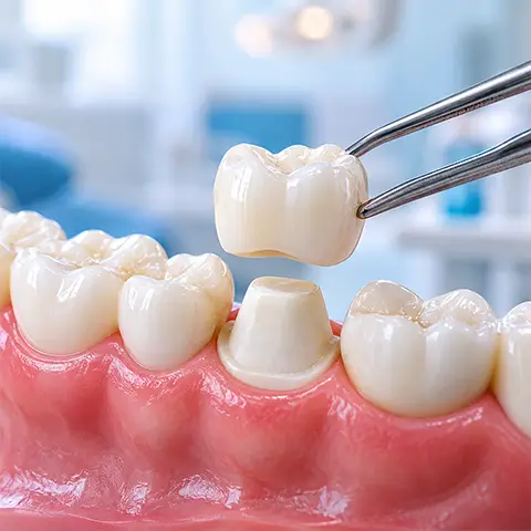 Dental crown being positioned over a prepared tooth with surrounding natural teeth and gums