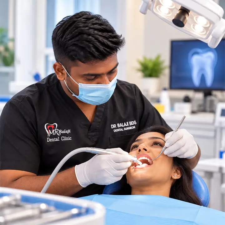 Dr. Balaji performing a dental restoration procedure on a patient in a modern dental clinic.