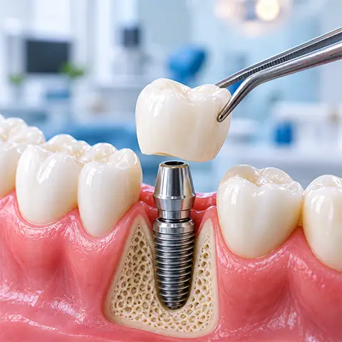 Dental implant with titanium implant post and ceramic crown shown in a realistic dental cross-section