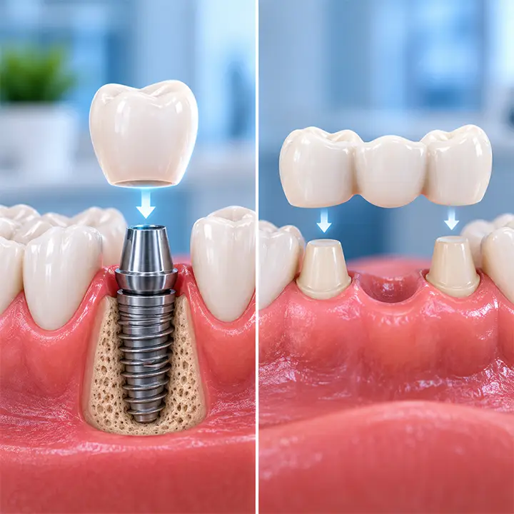 Dental implant and dental bridge shown side by side as options for replacing a missing tooth.
