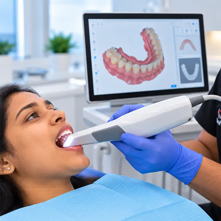 Intraoral dental scanner creating a digital 3D image of a patient's teeth.