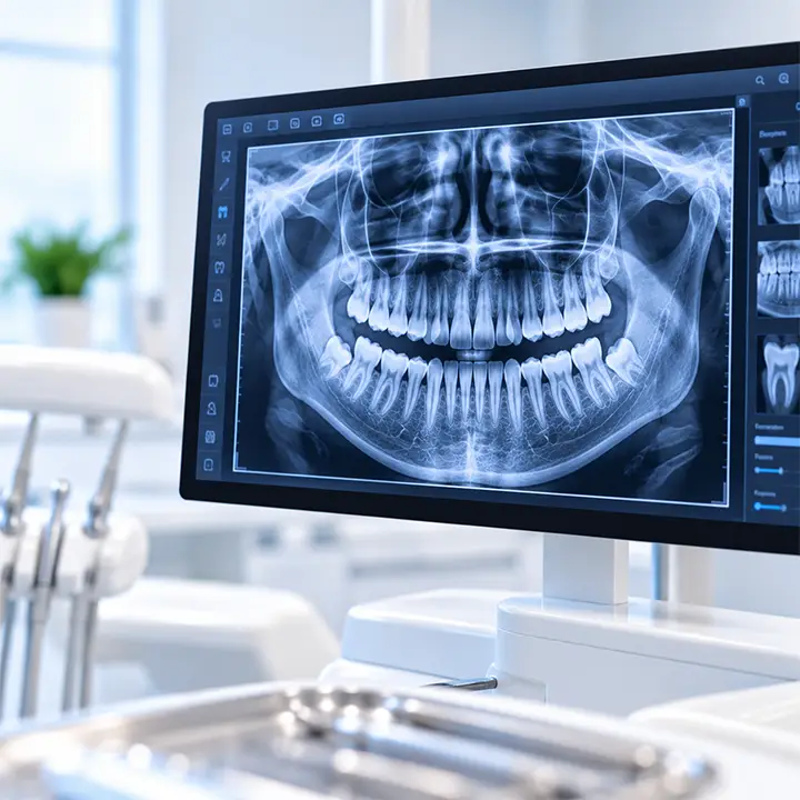 Digital panoramic dental X-ray displayed on a monitor showing the teeth and jaw.