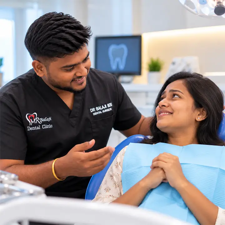 Dr. Balaji reassuring a nervous patient during a comfortable dental consultation at the clinic.