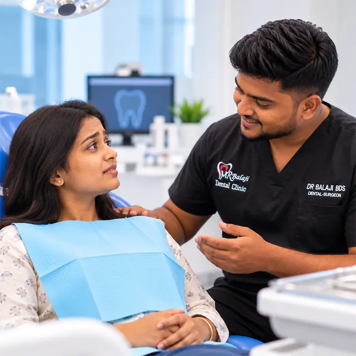 Dr. Balaji reassuring an anxious patient during a calm dental consultation at the clinic.