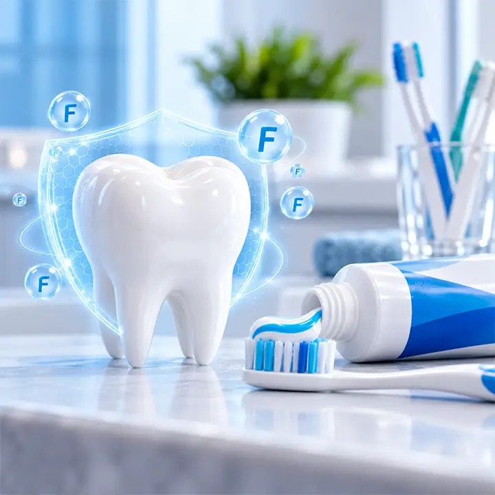 Toothpaste and toothbrush beside a tooth illustration representing fluoride protection against dental decay.