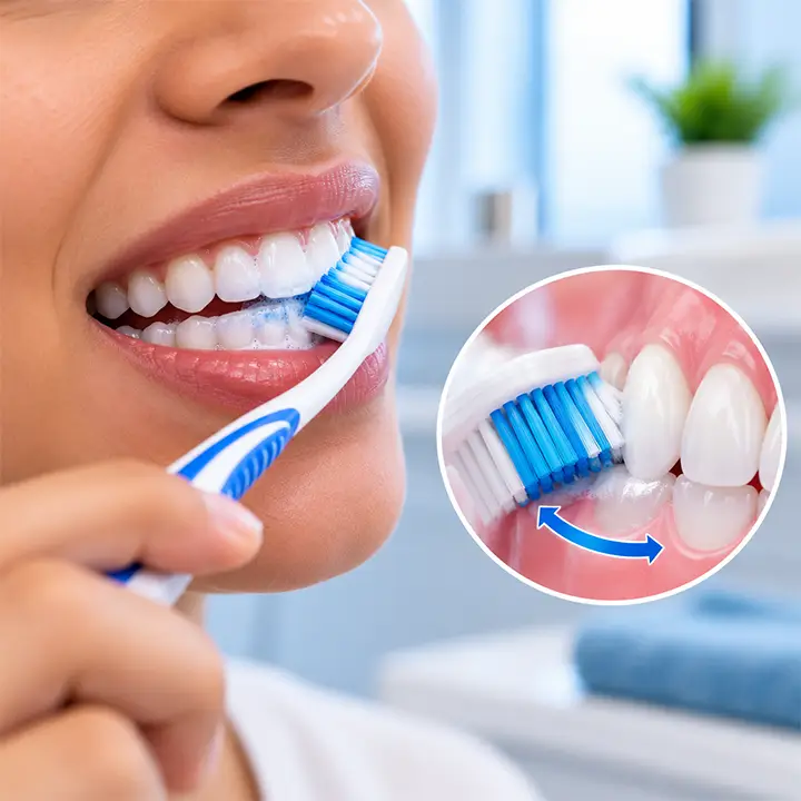 Close-up of a person brushing teeth with a toothbrush positioned along the gumline using a gentle brushing technique.