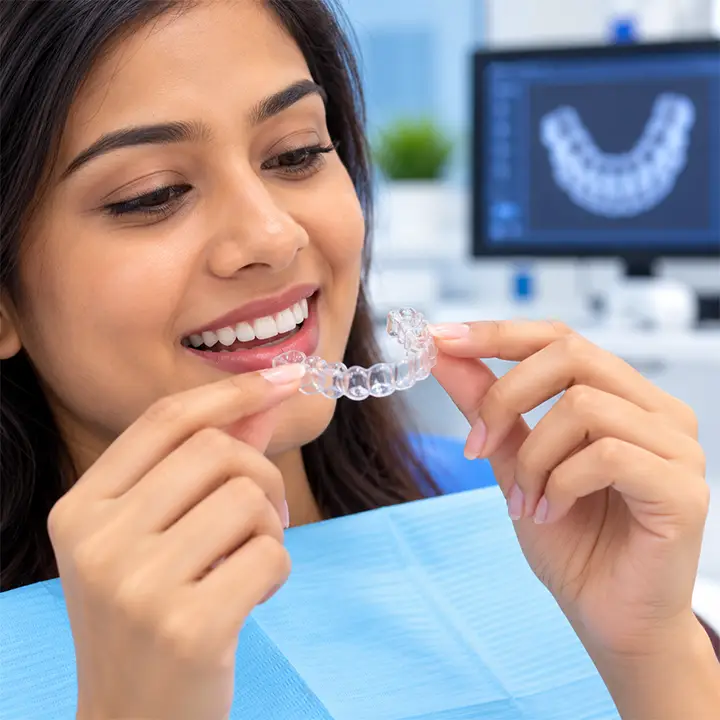 Young woman holding a transparent invisible dental aligner near her smile in a modern dental clinic.