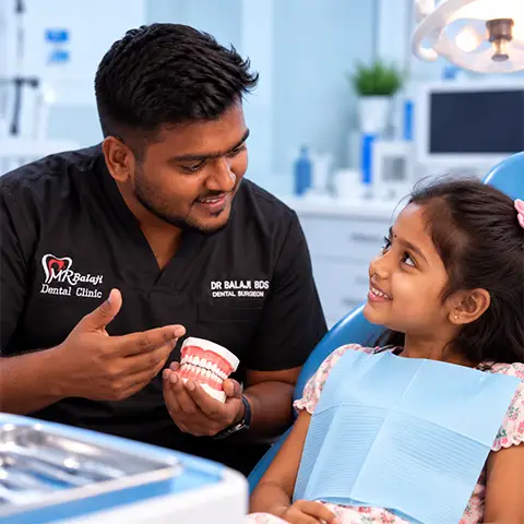 Dr. Balaji explaining dental care to a young girl during a dental consultation