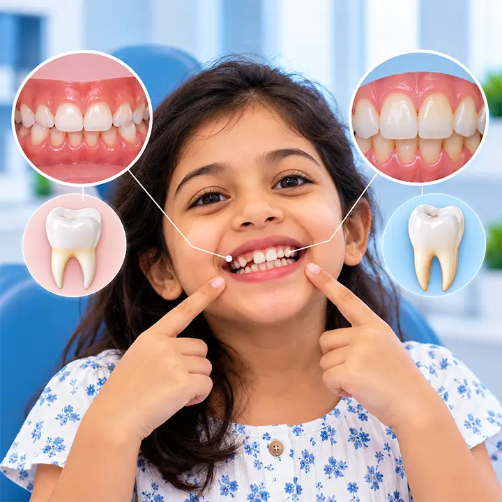 Child smiling while showing the difference between milk teeth and permanent teeth with dental illustrations