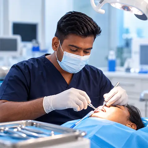 Dr. Balaji performing a dental surgical procedure on a patient in a modern dental clinic