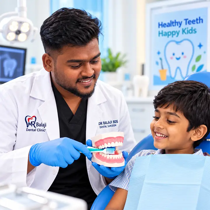 South Indian child learning dental care during a check-up at M R Balaji Dental Clinic