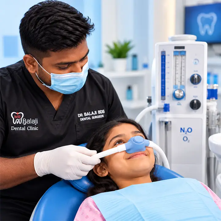South Indian child receiving gentle nitrous oxide sedation at M R Balaji Dental Clinic while a dental professional assists