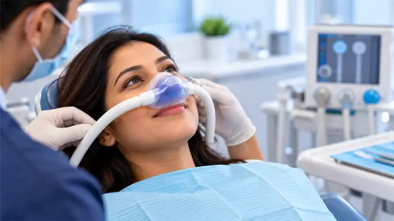 Woman receiving nitrous oxide sedation through a nasal mask during a dental procedure.