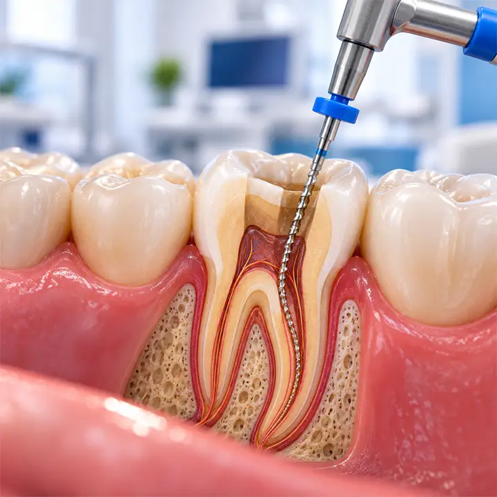 Close-up dental visualization showing a tooth undergoing root canal treatment
