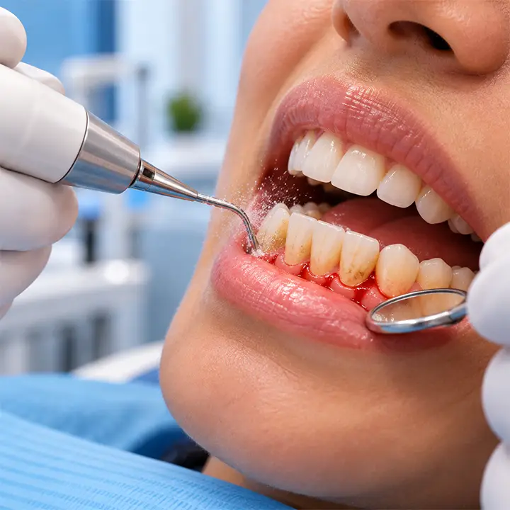 Close-up of professional dental scaling removing tartar and plaque near the gumline.
