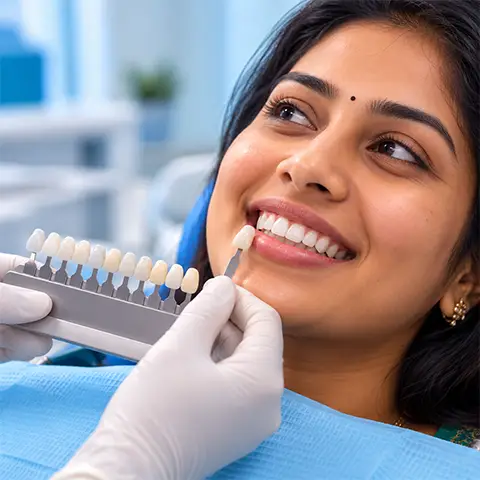 Indian woman smiling while a dental shade guide is used to assess her teeth during a smile makeover consultation