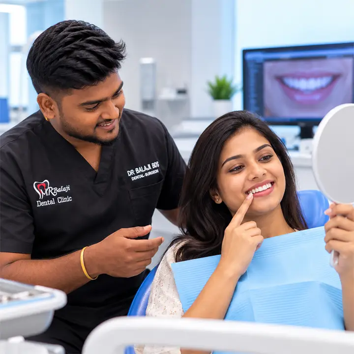 Dr. Balaji smiling with a woman who is confidently showing her smile after cosmetic dental treatment.