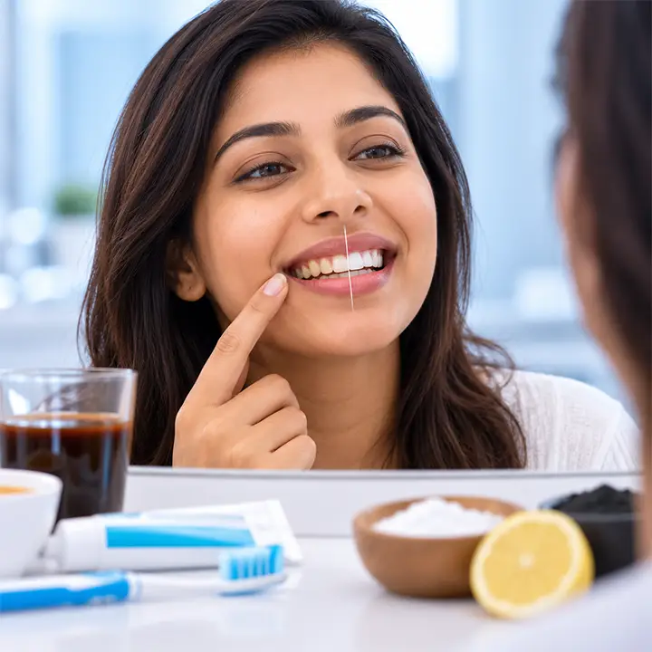 Woman comparing tooth colour while discussing safe teeth whitening and avoiding harmful home remedies.
