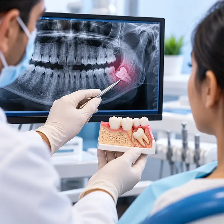 Dental X-ray showing an impacted wisdom tooth being examined during a dental consultation.