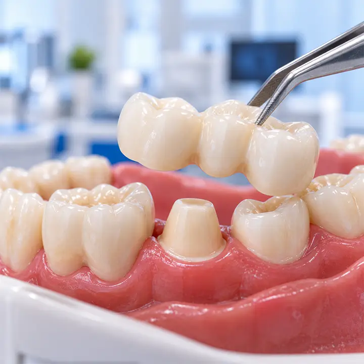 Close-up of a zirconia dental bridge being positioned over prepared teeth with healthy-looking gums.